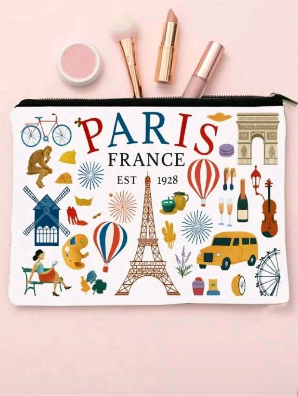 Paris France Print Red Blue Yellow Zipper Pouch Purse Summer Travel Eiffle Tower